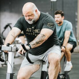 Older guy riding a stationary bike